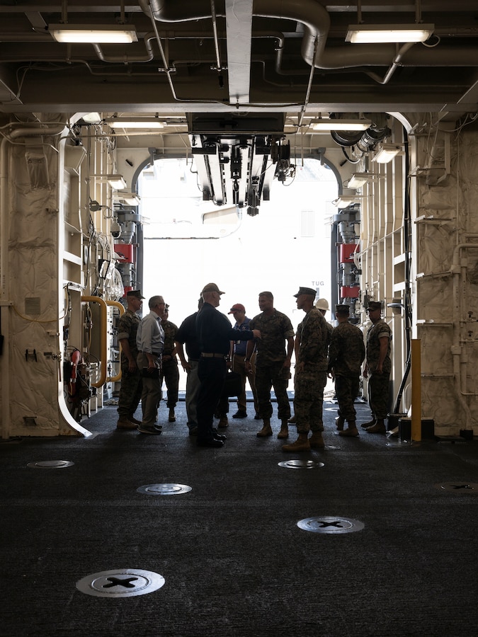 U.S. Marine Corps Col. Matthew Good, Deputy Commander of Fleet Marine Force, Atlantic, Marine Forces Command, Marine Forces Northern Command (MARFORCOM), integrates with U.S. Navy personnel aboard the amphibious assault ship USS Fort Lauderdale (LPD 28) at Naval Station Norfolk, Virginia, August 18, 2023. Marines with FMFLANT, MARFORCOM, MARFOR NORTHCOM familiarized themselves with Maritime Defense Security Cooperation Agency capability in support of hurricane response. (U.S. Marine Corps photo by Sgt. Hannah Adams)