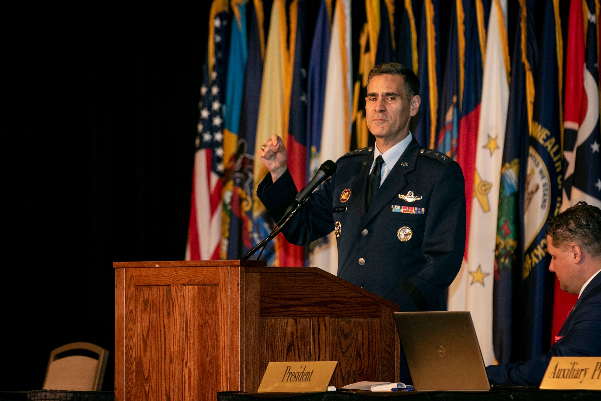 Lt. Gen. Marc H. Sasseville, the vice chief of the National Guard Bureau, addresses the second business session of the 52nd Annual Conference of the Enlisted Association of the National Guard of the United States at the Mayo Civic Center, Rochester, Minnesota, Aug 14, 2023. ]