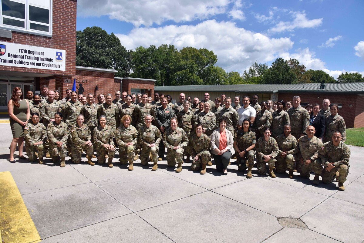 U.S. Soldiers, Airmen and Marines pose for a photo after attending a Women, Peace, and Security conference at Smyrna’s Volunteer Training Site, Tennessee, Aug. 17, 2023. The Tennessee National Guard hosted the three-day conference.