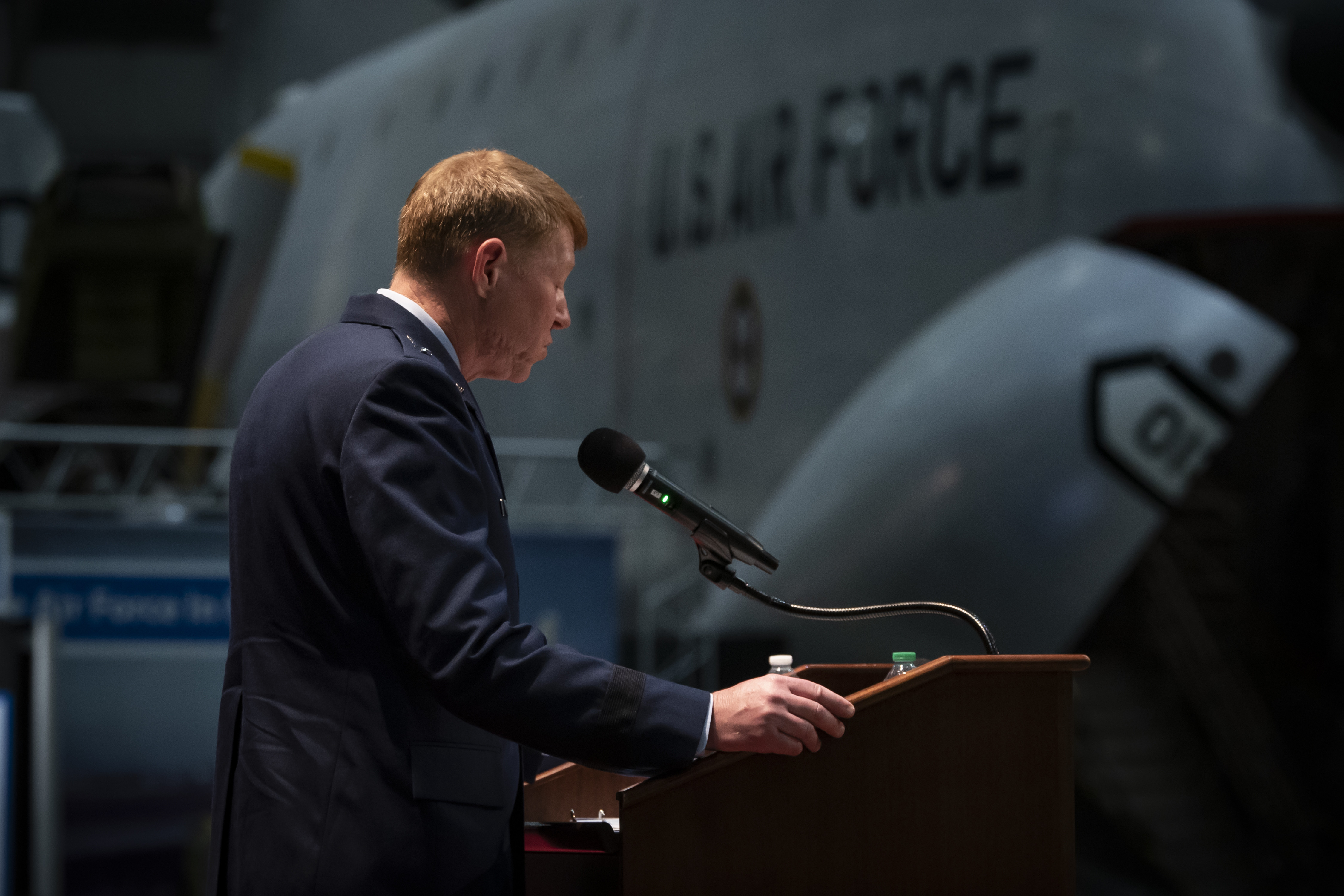 U.S. Air Force Brig. Gen. (Dr.) Robert K. Bogart speaks during his assumption of command ceremony at the National Museum of the U.S. Air Force, Aug. 21, 2023. Bogart became the seventh commander of the Air Force Research Laboratory’s 711th Human Performance Wing which has two mission units: the Human Effectiveness Directorate and the U.S. Air Force School of Aerospace Medicine. (U.S. Air Force photo / Richard Eldridge)