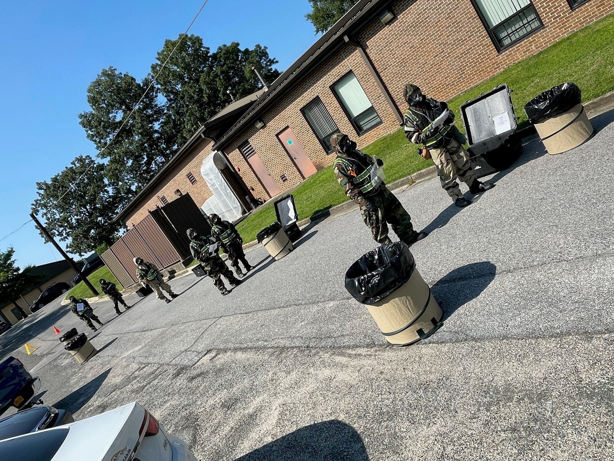Members of the 756th Air Refueling Squadron conduct chemical, biological, radiological, nuclear (CBRN) training during the August 2023 UTA weekend. (Air Force photo by Col. Roland Tsui)