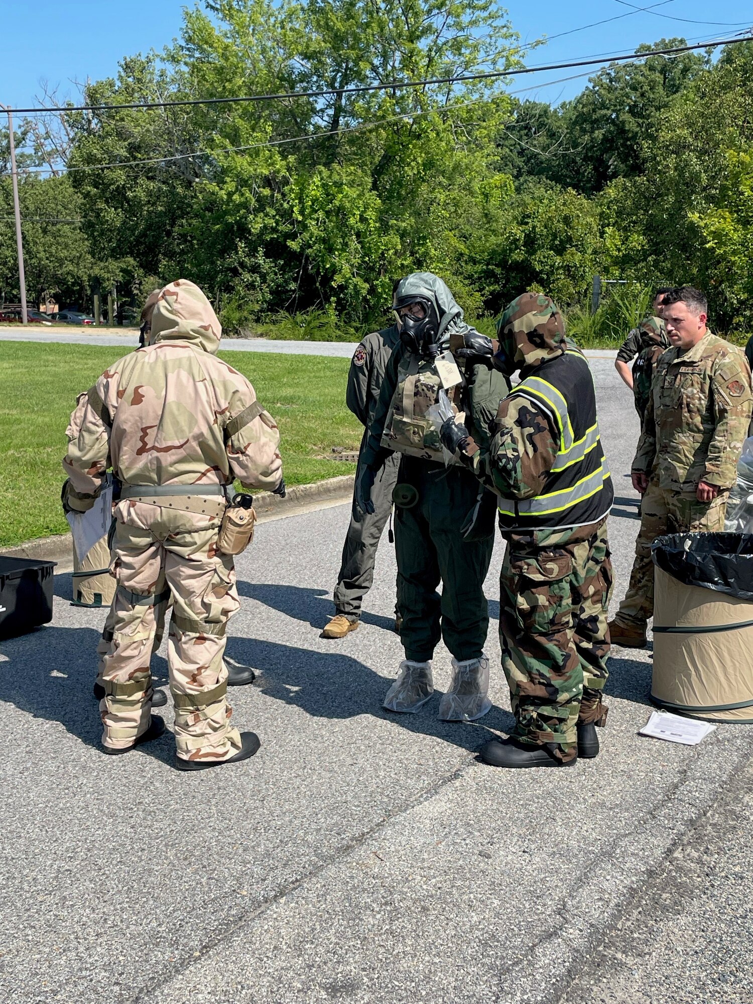 Members of the 756th Air Refueling Squadron conduct chemical, biological, radiological, nuclear (CBRN) training during the August 2023 UTA weekend. (Air Force photo by Col. Roland Tsui)