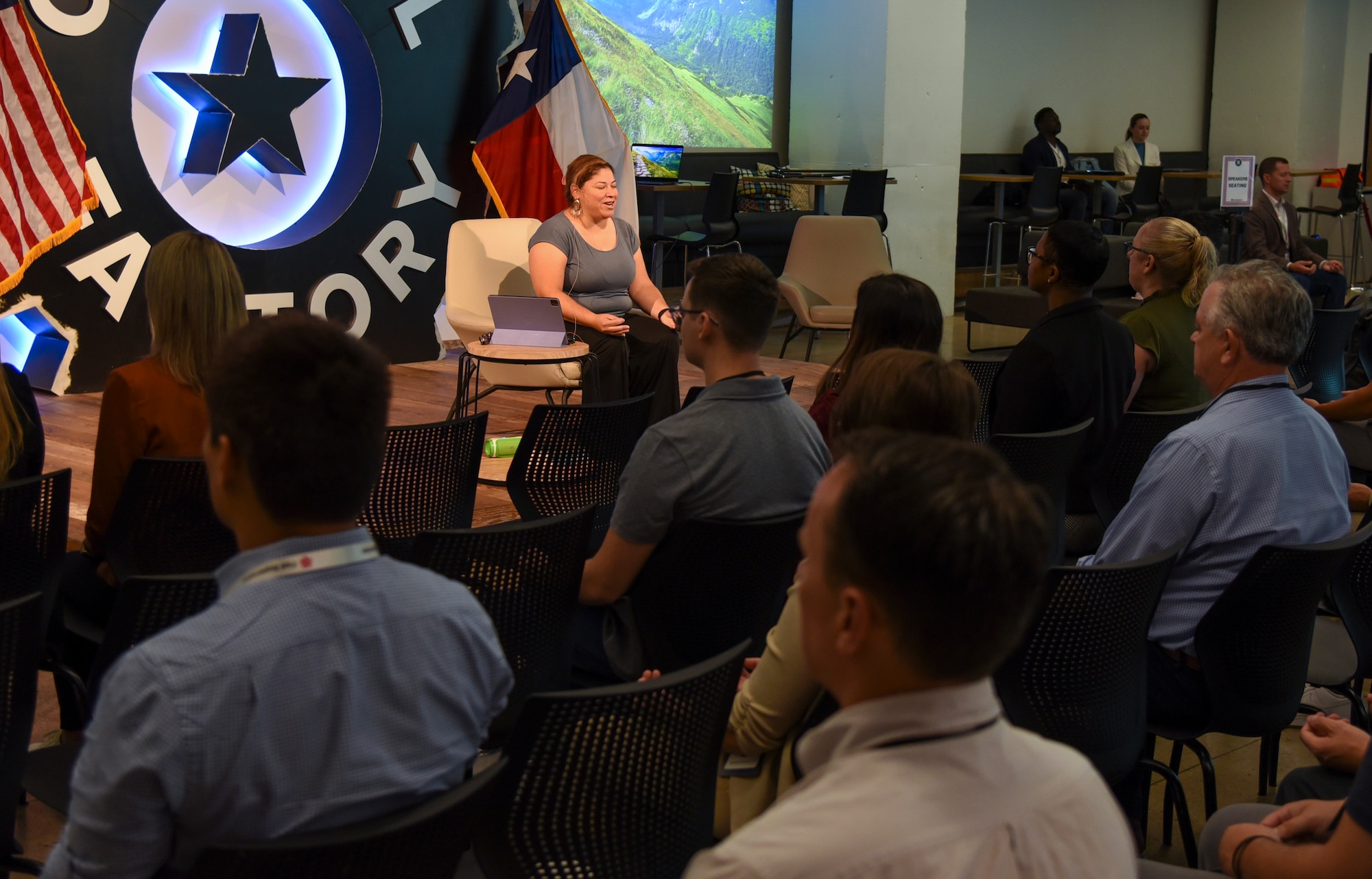 AFWERX kicks off Fed Supernova with 22 minutes of wellness at Capital Factory in Austin, Texas, Aug. 23, 2023. AFWERX invited Maribel Gabriel Valls, a meditation teacher, to lead a morning mindfulness session to create a lasting habit of self-care and improve long-term well-being. Col. Elliott Leigh, AFWERX director and chief commercialization officer for the Department of the Air Force, encourages everyone to take 22 minutes each day to focus on something that brings joy in their life. (U.S. Air Force photo by Matthew Clouse)