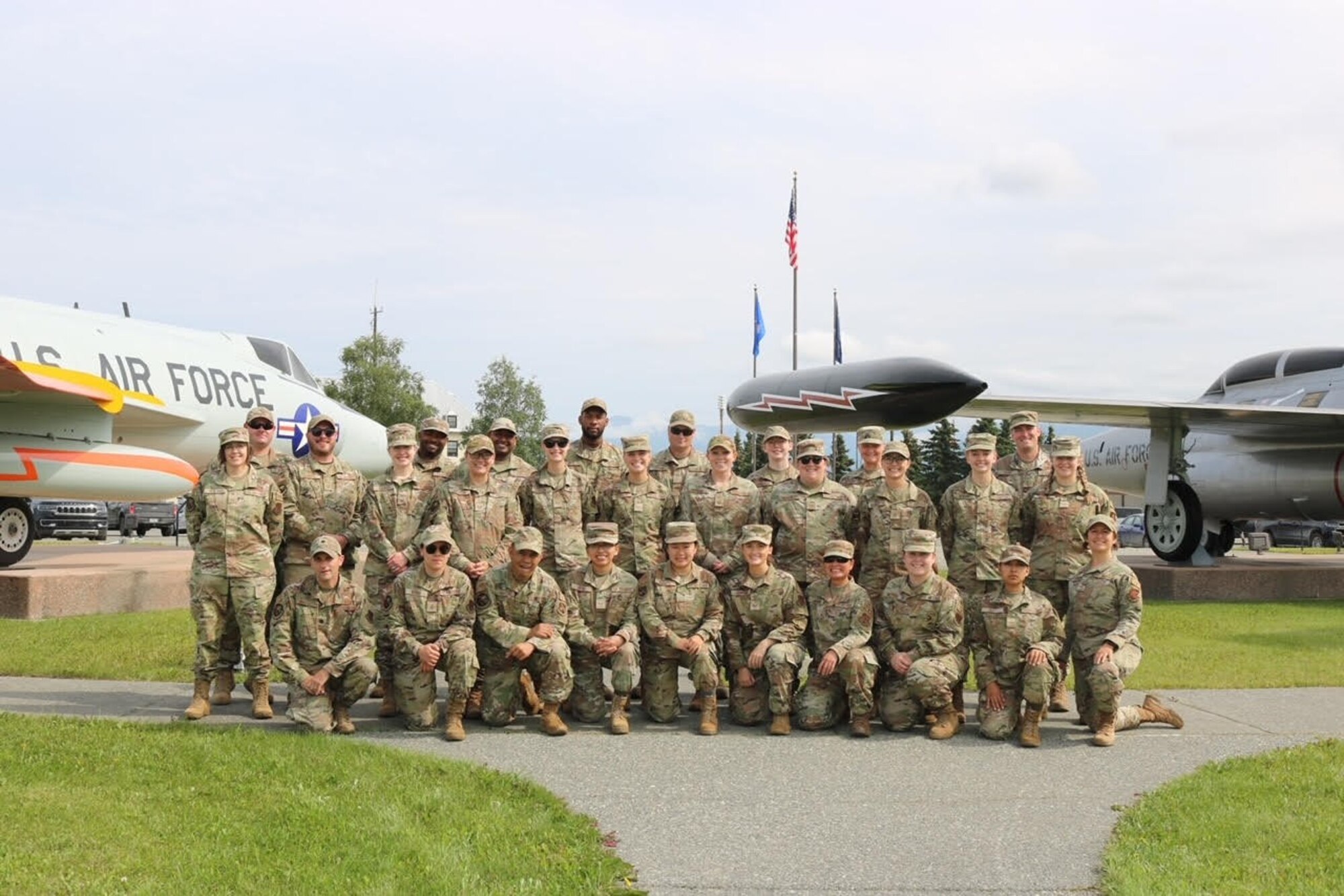 U.S. Air Force Airmen from the 133rd Force Support Squadron pose for a group photo at Joint Base Elmendorf-Richardson, Alaska, July 28, 2023.