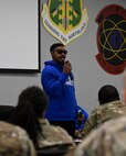 Staff Sgt. (Ret.) Kijuan Amey, Air Force Wounded Warrior Program (AFW2) ambassador, tells his story of how he became blind to Airmen from the 791st Security Forces Squadron Monday Aug. 21, 2023 at Minot Air Force Base, North Dakota. Amey spoke about how a motorcycle accident left him without his vision, and how the AFW2 program helped him overcome his injuries and speak about his experiences. (U.S. Air Force photo by Senior Airman Caleb S. Kimmell)