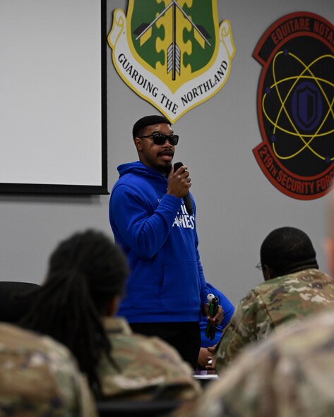 Staff Sgt. (Ret.) Kijuan Amey, Air Force Wounded Warrior Program (AFW2) ambassador, tells his story of how he became blind to Airmen from the 791st Security Forces Squadron Monday Aug. 21, 2023 at Minot Air Force Base, North Dakota. Amey spoke about how a motorcycle accident left him without his vision, and how the AFW2 program helped him overcome his injuries and speak about his experiences. (U.S. Air Force photo by Senior Airman Caleb S. Kimmell)