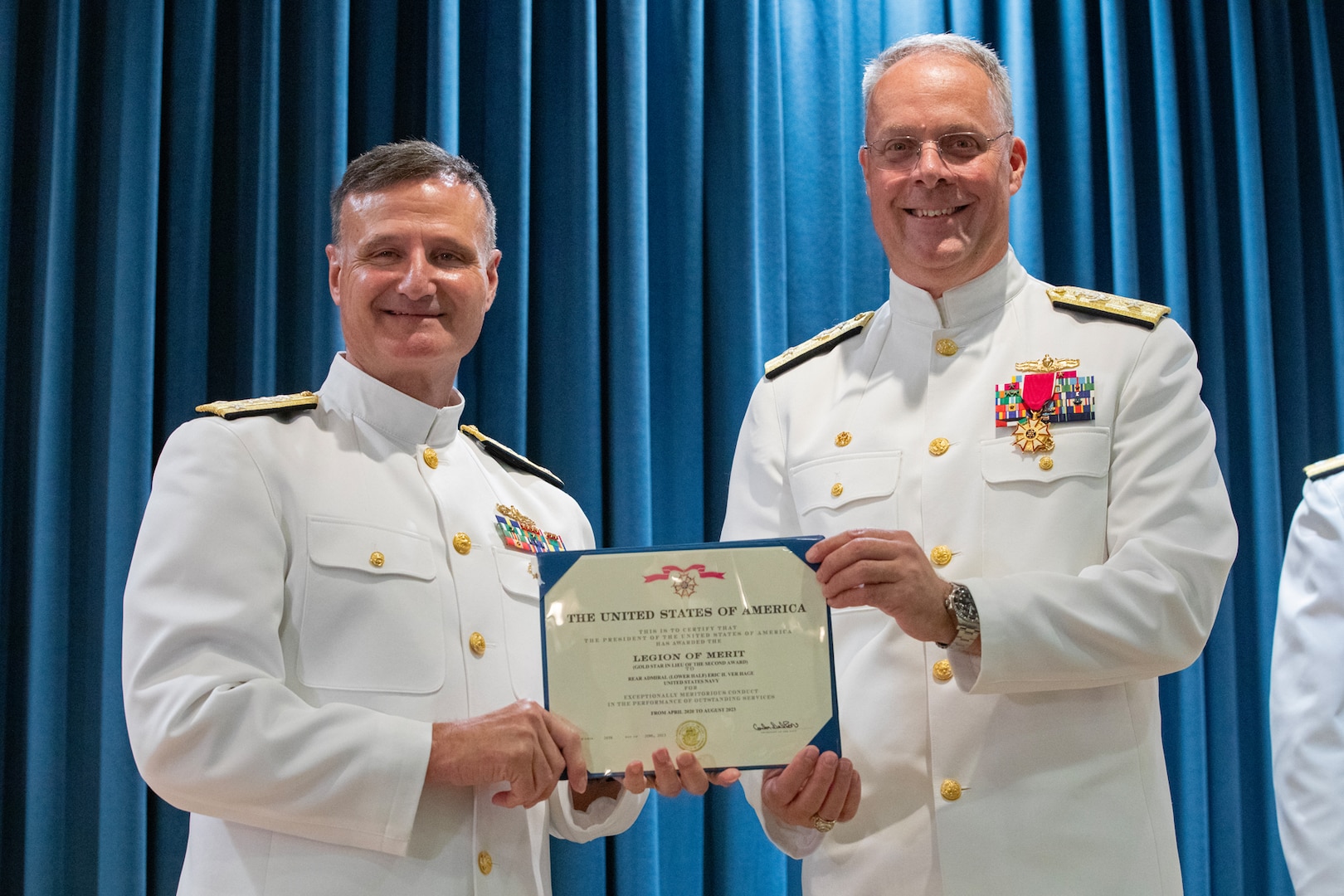 Vice Admiral Bill Galinis, Commander, Naval Sea Systems Command (NAVSEA) presented Rear Adm. Eric Ver Hage, Commander, Navy Regional Maintenance Center (CNRMC) and Director,
Surface Maintenance, Modernization and Sustainment, NAVSEA, with the Legion of Merit Award during the SEA 21 Change of Office Ceremony at the Washington Navy Yard.