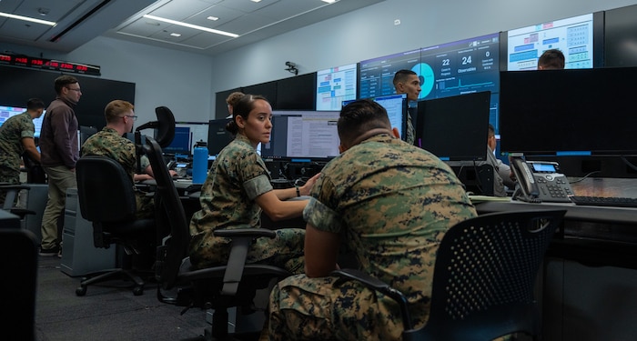 U.S. Marines and Civilians with Marine Corps Cyberspace Warfare Group and Marine Corps Cyberspace Operations Battalion participate in Cyber Flag 23-2 at an undisclosed location, Aug. 7, 2023. The purpose of the exercise was to enhance readiness and cyber warfare capabilities. Each team was strategically positioned in an offensive or defensive role, engaging with various cyber-attack and defense scenarios.