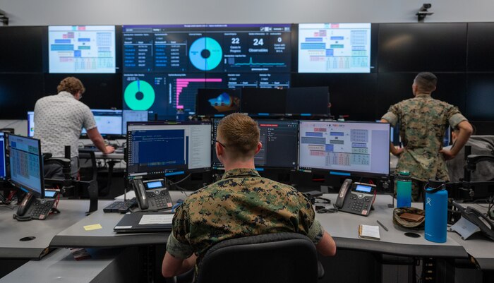 U.S. Marines and Civilians with Marine Corps Cyberspace Warfare Group and Marine Corps Cyberspace Operations Battalion participate in Cyber Flag 23-2 at an undisclosed location, Aug. 7, 2023. The purpose of the exercise was to enhance readiness and cyber warfare capabilities. Each team was strategically positioned in an offensive or defensive role, engaging with various cyber-attack and defense scenarios.