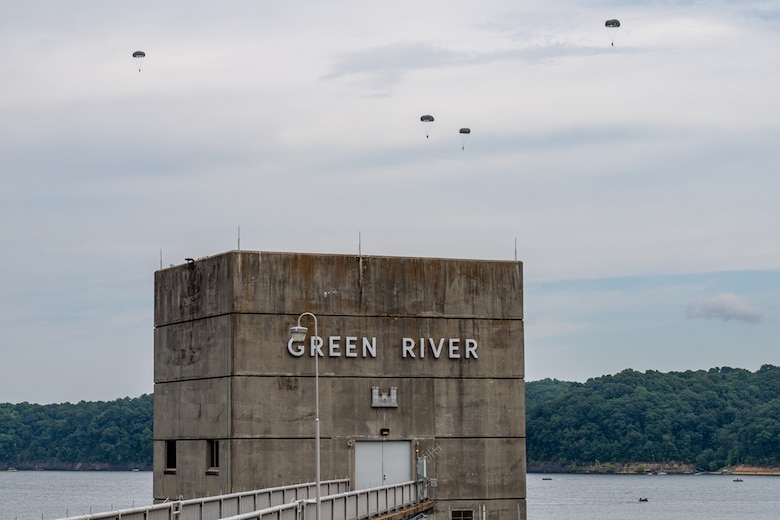 U.S. Army Corps of Engineers, Louisville District park rangers and Kentucky Fish and Wildlife officers cordon off a 'drop zone' for paratroopers to jump into Green River Lake, Aug. 5, 2023 in Campbellsville, Kentucky.