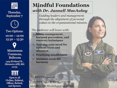 a graphic with former colonel jannell macaulay standing a flight line; information about the event is posted on the left in blue.