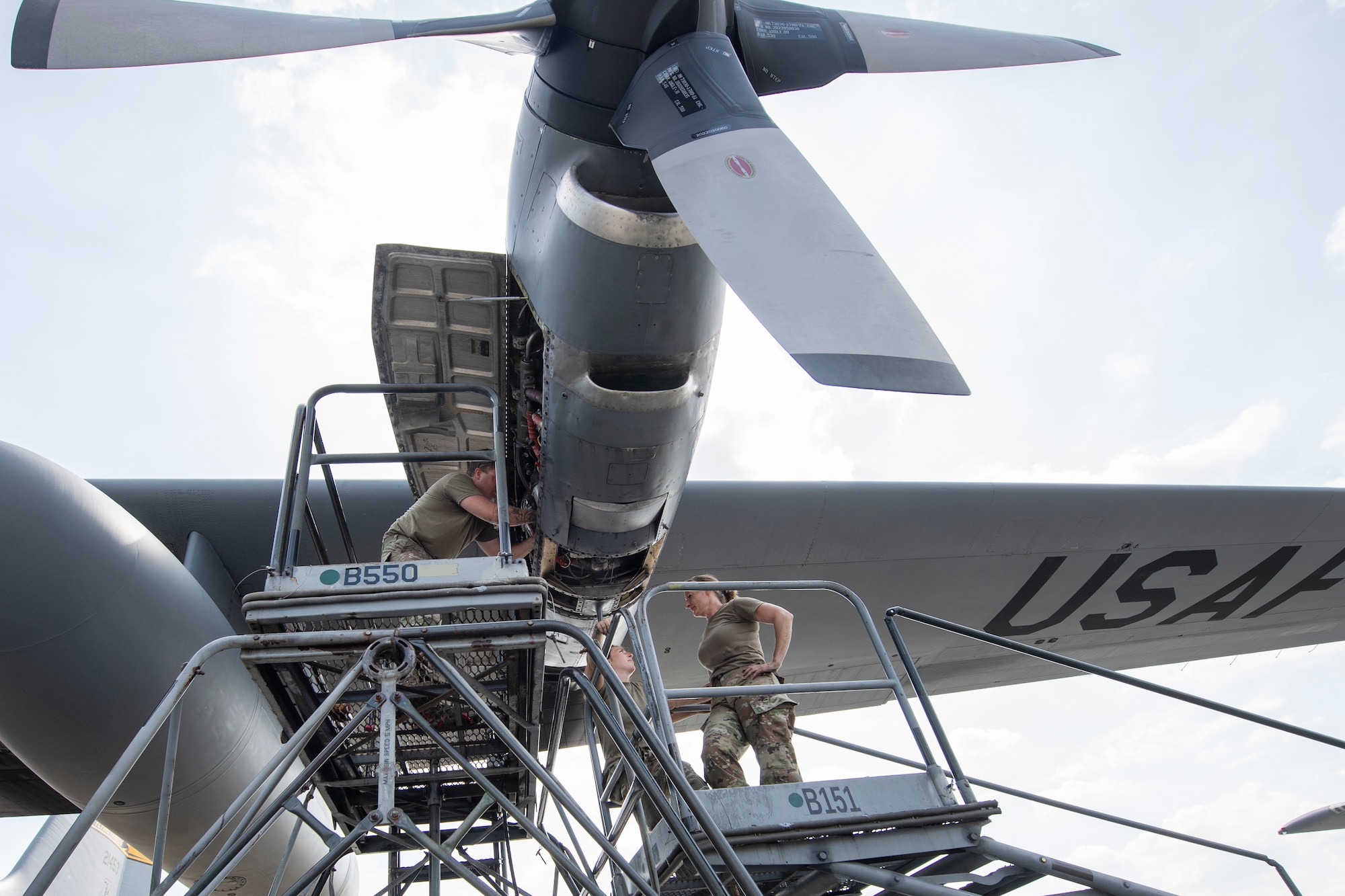 Air National Guardsmen perform maintenance on a C-130 Hercules engine at Yokota Air Base, Japan, July 17, 2023, in support of Mobility Guardian 2023. Air National Guardsmen from Missouri, Montana and Connecticut worked together as one unit to during to ensure C-130s could perform rapid global mobility in support of MG23. A multilateral endeavor, MG23 features seven participating countries – Australia, Canada, France, Japan, New Zealand, United Kingdom, and the United States – operating approximately 70 mobility aircraft across multiple locations spanning a 3,000-mile exercise area from July 5-21. Our Allies and partners are one of our greatest strengths and a key strategic advantage. MG23 is an opportunity to deepen our connections with regional Allies and partners using bold initiatives. (U.S. Air Force photo by Tech. Sgt. Christopher Hubenthal)