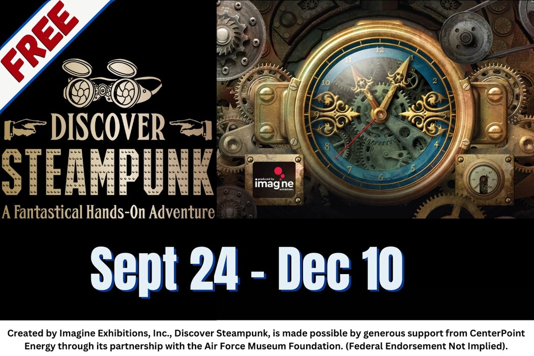 Discover Steampunk exhibit open from Sept. 24 - Dec. 10. Free exhibit open daily. Image of a retro-futuristic clock surrounded by gears in a blue and gold color pallette.