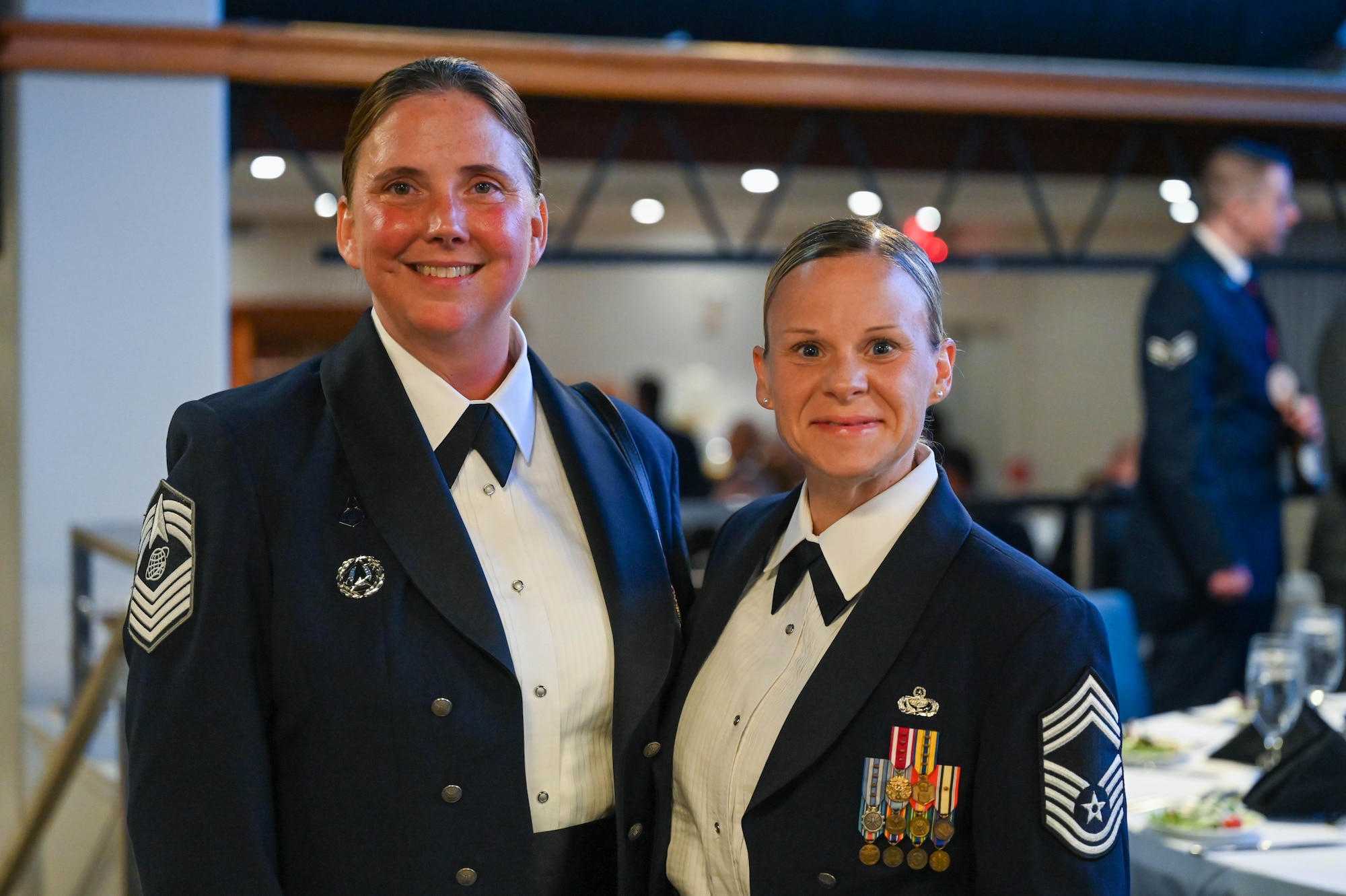 U.S. Space Force Chief Master Sgt. Susan Sparks, SLD 45 Senior Enlisted Leader, and U.S. Air Force Chief Master Sgt. Karissa Gunter, SLD 45 Senior Enlisted Airman pose for a photo June 28, 2023 at Patrick Space Force Base, Florida. CMSgt is the ninth, and highest enlisted rank in the U.S. Air and Space Force. (U.S. Space Force photo by Senior Airman Samuel Becker.)