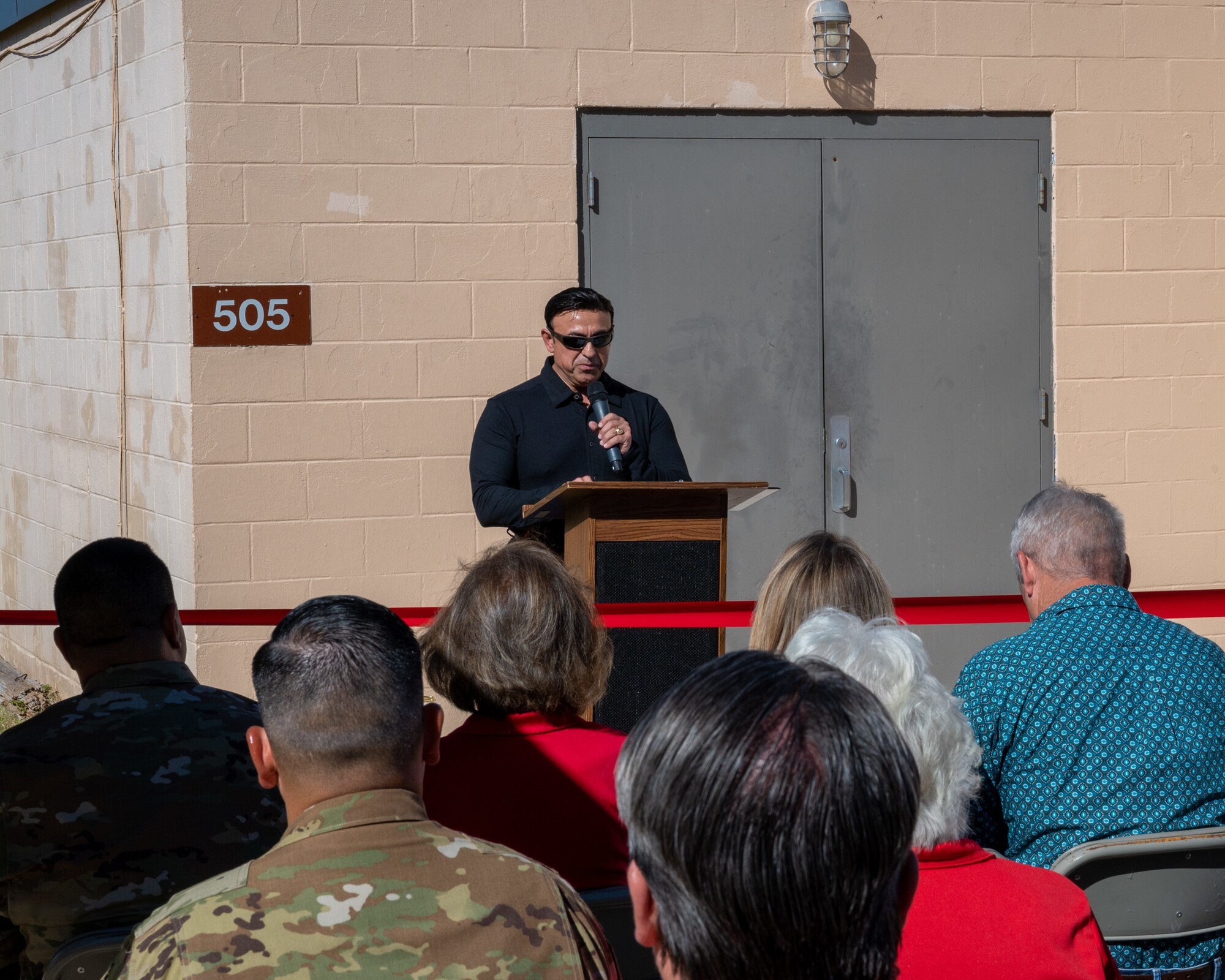Daniel Gallegos, 47th Civil Engineering Squadron (CES) chief project management element, introduces the results of the airfield lighting project at Laughlin Air Force Base, Texas, Aug. 18, 2023. The new airfield lighting project will be a modern and reliable replacement to the old lighting system installed in the 1960s, allowing the CES to focus additional attention elsewhere on Laughlin. (U.S. Air Force photo by Senior Airman Nicholas Larsen)