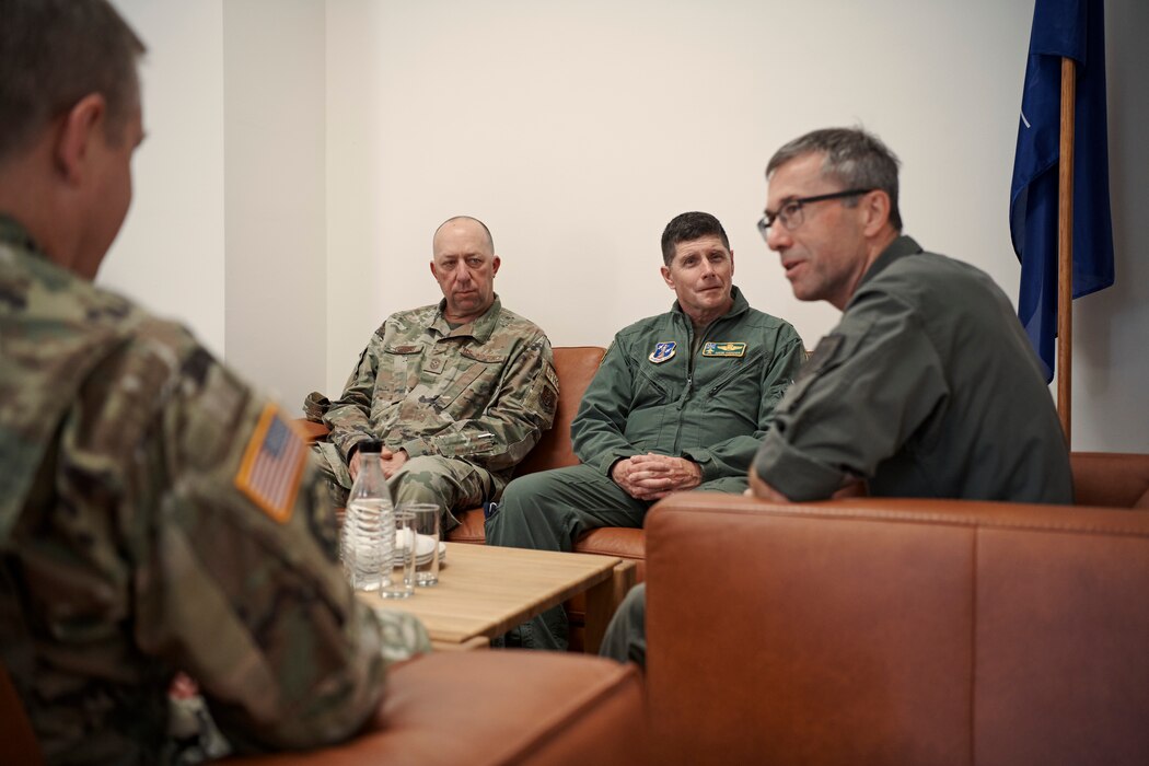 Photo of Vermont Air National Guard State Command Chief Master Sgt. Jeffrey Stebbins, Commandant of the Austrian Defense Academy Lt. Gen. Erich Csitkovits and Air Component Commander of the Vermont National Guard, Brig. Gen. Henry Harder, meeting at the Austrian Defense Academy to discuss cooperation between the Austrian Armed Forces and the Vermont National Guard, Vienna, Austria, June 15, 2023.