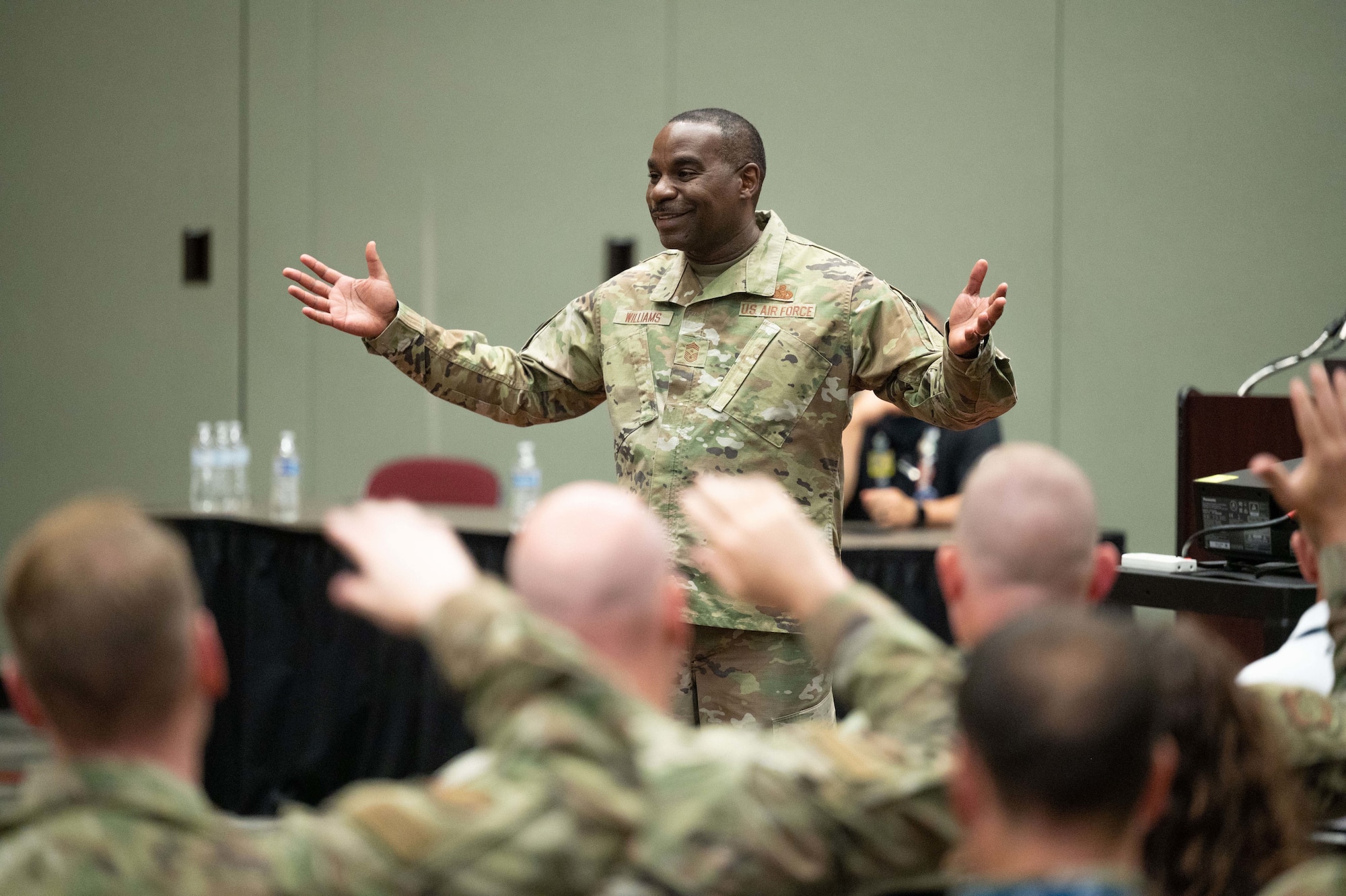 U.S. Air Force Chief Master Sgt. Maurice Williams, Air National Guard command chief briefs company-grade officers from throughout the Air National Guard during the National Guard Association of the United States’ 145th General Conference and Exhibition in Reno, Nevada, Aug. 19, 2023.