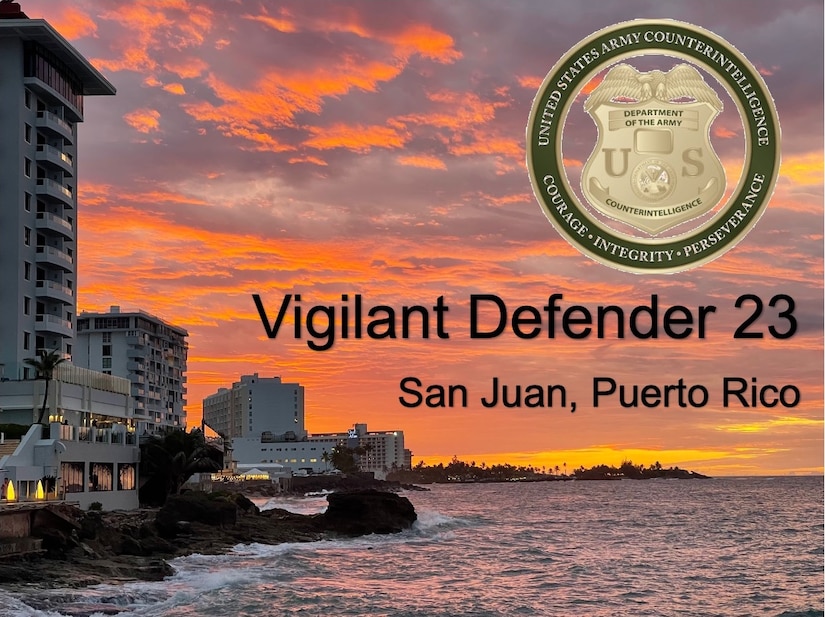 A sunset off the San Juan, Puerto Rico coast with text that reads Vigilant Defender 23.