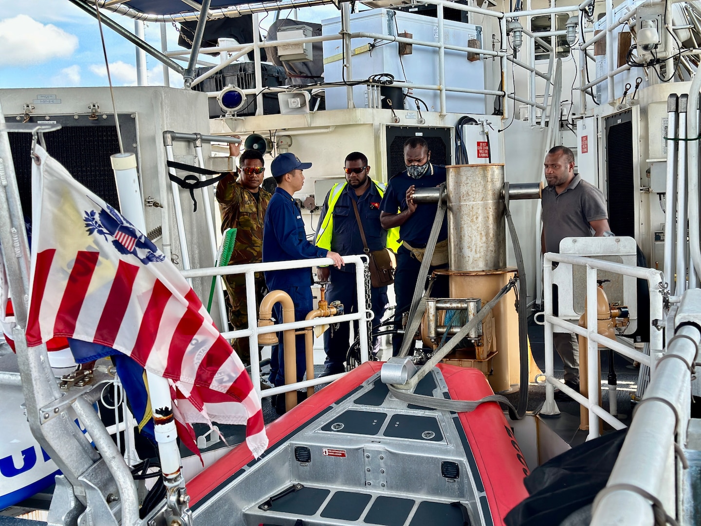 USCGC Myrtle Hazard (WPC 1139) hosts operational planning and subject matter exchange with partners in Port Moresby, Papua New Guinea on Aug. 22, 2023. The U.S. Coast Guard is in Papua New Guinea at the invitation of the PNG government to join their lead in maritime operations to combat illegal fishing and safeguard maritime resources following the recent signing and ratification of the bilateral agreement between the United States and Papua New Guinea. (U.S. Coast Guard photo by Chief Warrant Officer Sara Muir)