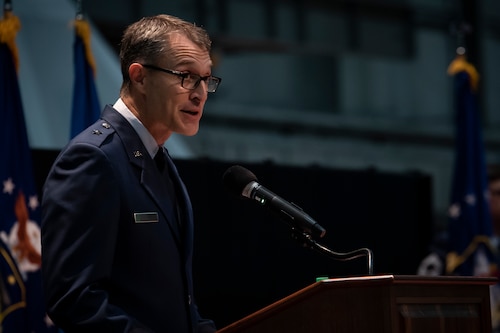 Brig. Gen. Scott A. Cain, commander, Air Force Research Laboratory, or AFRL, speaks during Brig. Gen. (Dr.) Robert K. Bogart’s assumption of command ceremony at the National Museum of the U.S. Air Force, Aug. 21, 2023. Bogart became the seventh commander of AFRL’s 711th Human Performance Wing, which has two mission units: the Human Effectiveness Directorate and the U.S. Air Force School of Aerospace Medicine. (U.S. Air Force photo/ Richard Eldridge)