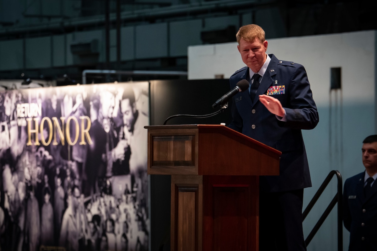 U.S. Air Force Brig. Gen. (Dr.) Robert K. Bogart speaks during his assumption of command ceremony at the National Museum of the U.S. Air Force, Aug. 21, 2023. Bogart became the seventh commander of the Air Force Research Laboratory’s 711th Human Performance Wing, which has two mission units: the Human Effectiveness Directorate and the U.S. Air Force School of Aerospace Medicine. (U.S. Air Force photo / Richard Eldridge)