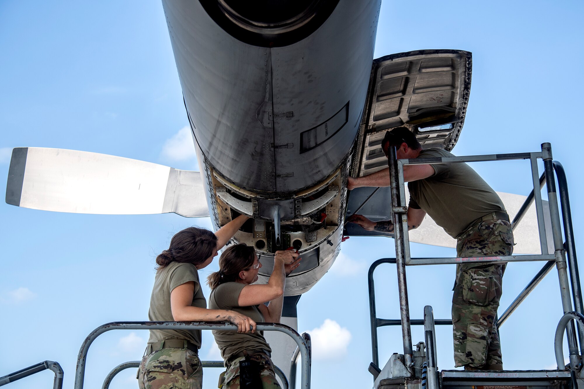 Air National Guardsmen perform maintenance on a C-130 Hercules engine at Yokota Air Base, Japan, July 17, 2023, in support of Mobility Guardian 2023. Air National Guardsmen from Missouri, Montana and Connecticut worked together as one unit to during to ensure C-130s could perform rapid global mobility in support of MG23. A multilateral endeavor, MG23 features seven participating countries – Australia, Canada, France, Japan, New Zealand, United Kingdom, and the United States – operating approximately 70 mobility aircraft across multiple locations spanning a 3,000-mile exercise area from July 5-21. Our Allies and partners are one of our greatest strengths and a key strategic advantage. MG23 is an opportunity to deepen our connections with regional Allies and partners using bold initiatives. (U.S. Air Force photo by Tech. Sgt. Christopher Hubenthal)