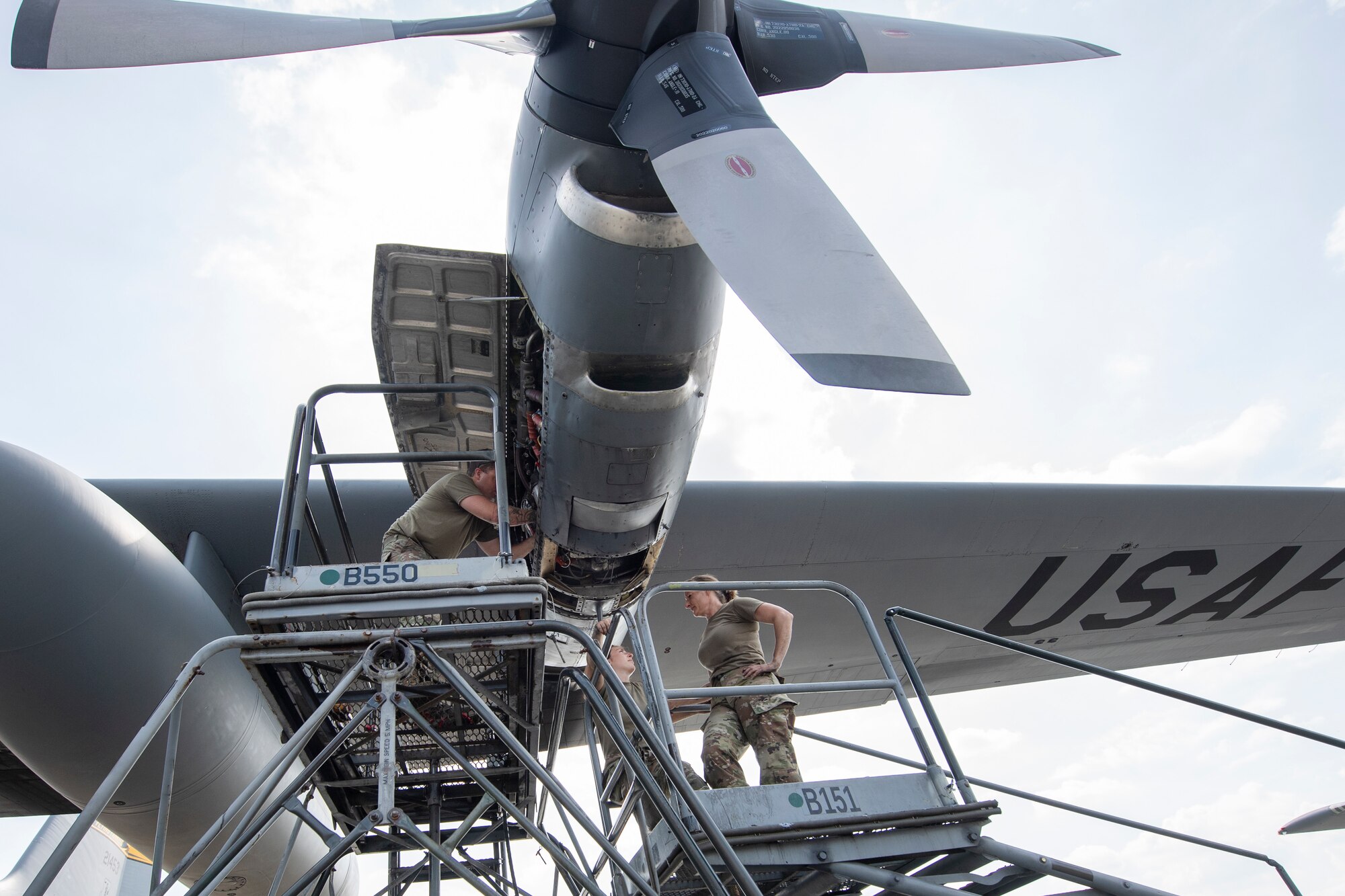 Air National Guardsmen perform maintenance on a C-130 Hercules engine at Yokota Air Base, Japan, July 17, 2023, in support of Mobility Guardian 2023. Air National Guardsmen from Missouri, Montana and Connecticut worked together as one unit to during to ensure C-130s could perform rapid global mobility in support of MG23. A multilateral endeavor, MG23 features seven participating countries – Australia, Canada, France, Japan, New Zealand, United Kingdom, and the United States – operating approximately 70 mobility aircraft across multiple locations spanning a 3,000-mile exercise area from July 5-21. Our Allies and partners are one of our greatest strengths and a key strategic advantage. MG23 is an opportunity to deepen our connections with regional Allies and partners using bold initiatives. (U.S. Air Force photo by Tech. Sgt. Christopher Hubenthal)