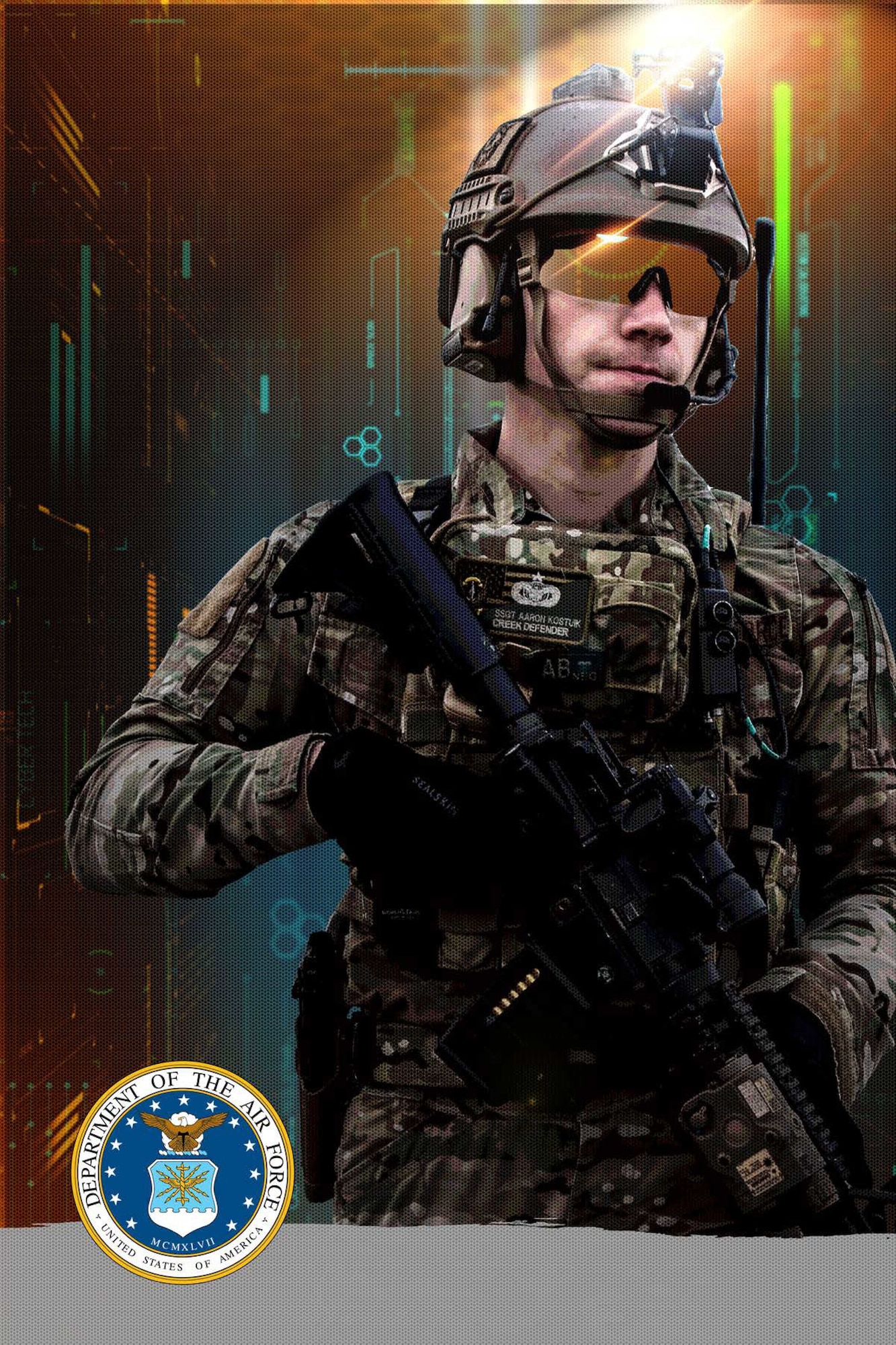 Military man holds weapon in front of cyber themed background