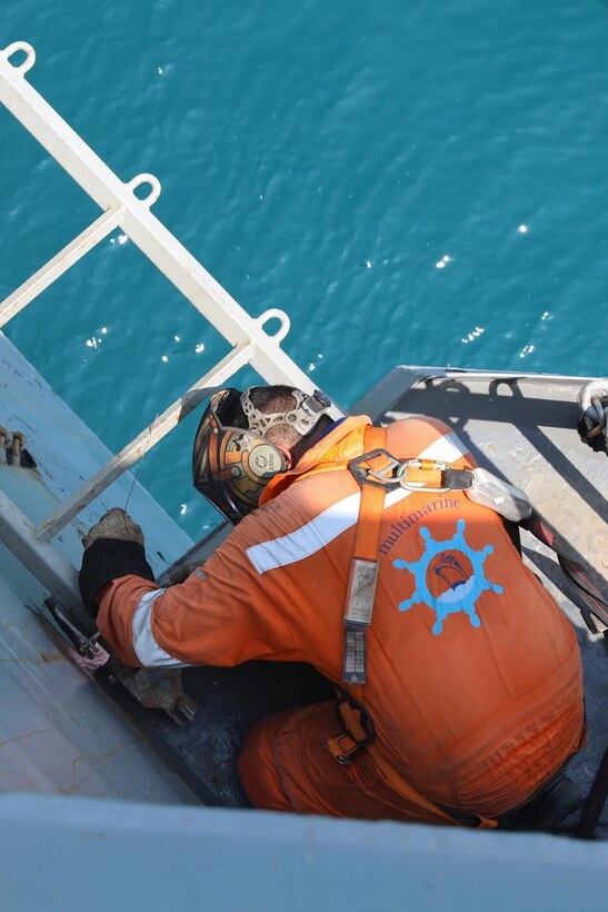 LIMASSOL, Cyprus (Aug. 19, 2023) Giannis Charalampous, welds a life bar onboard Arleigh Burke-class guided-missile destroyer USS Ramage (DDG 61), Aug. 19, 2023.