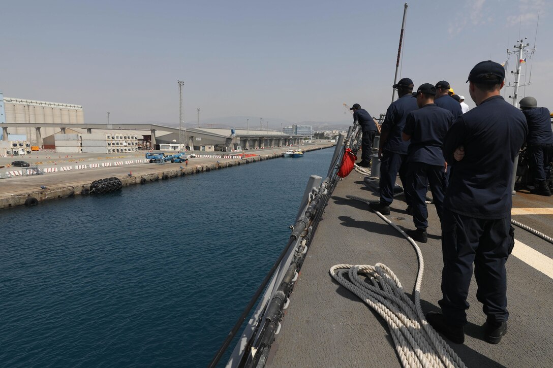 MOSOL, Cyprus (Aug. 13, 2023) Sailors assigned to Arleigh Burke-class guided-missile destroyer USS Ramage (DDG 61) prepare to moor the ship, Aug. 13, 2023.