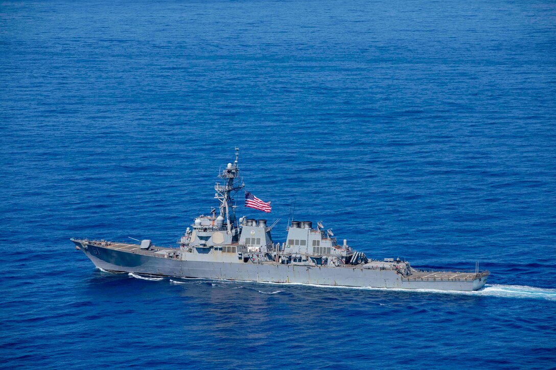 IONIAN SEA (Aug. 7, 2023) The Arleigh Burke-class guided missile destroyer USS Ramage (DDG 61) prepares to steam in formation during a photo exercise with the Italian navy Todaro-class submarine ITS Scirè (S 527) and the first-in-class Greek navy frigate HS Elli (F 450), Aug. 7, 2023.