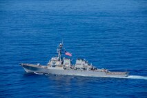 IONIAN SEA (Aug. 7, 2023) The Arleigh Burke-class guided missile destroyer USS Ramage (DDG 61) prepares to steam in formation during a photo exercise with the Italian navy Todaro-class submarine ITS Scirè (S 527) and the first-in-class Greek navy frigate HS Elli (F 450), Aug. 7, 2023.