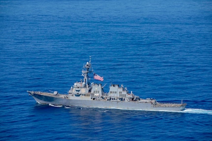IONIAN SEA (Aug. 7, 2023) The Arleigh Burke-class guided missile destroyer USS Ramage (DDG 61) prepares to steam in formation during a photo exercise with the Italian navy Todaro-class submarine ITS Scirè (S 527) and the first-in-class Greek navy frigate HS Elli (F 450), Aug. 7, 2023.