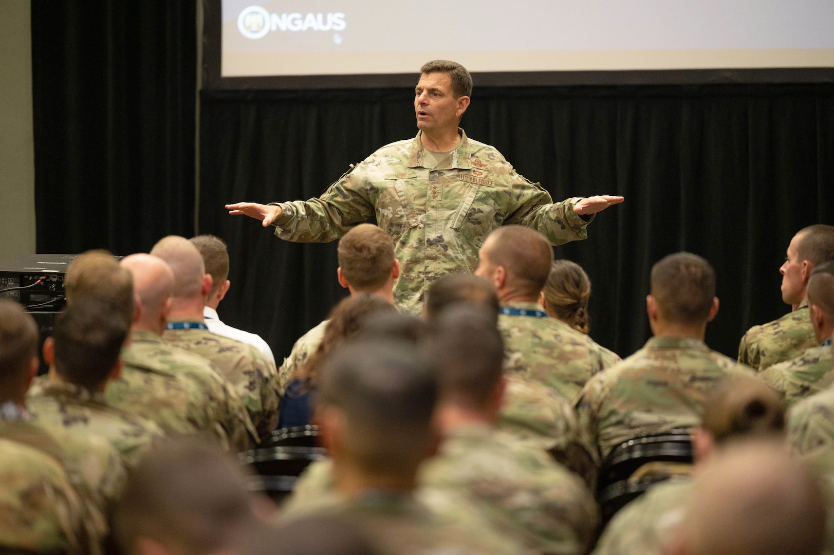 U.S. Air Force Lt. Gen. Michael Loh, director, Air National Guard, briefs company-grade officers from throughout the Air National Guard during the National Guard Association of the United States’ 145th General Conference and Exhibition in Reno, Nevada, Aug. 19, 2023. CGOs were briefed on the ANG mission, force structure, and how the ANG contributes to the National Defense Strategy.