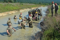 Soldiers attending the towing and recovery specialist course at the U.S. Army Reserve’s Regional Training Site – Maintenance at Fort Indiantown Gap conduct vehicle recovery training at FTIG’s mire pit on Aug. 22, 2023. The class included active-duty, Army Reserve and National Guard Soldiers. (Pennsylvania National Guard photo by Brad Rhen)