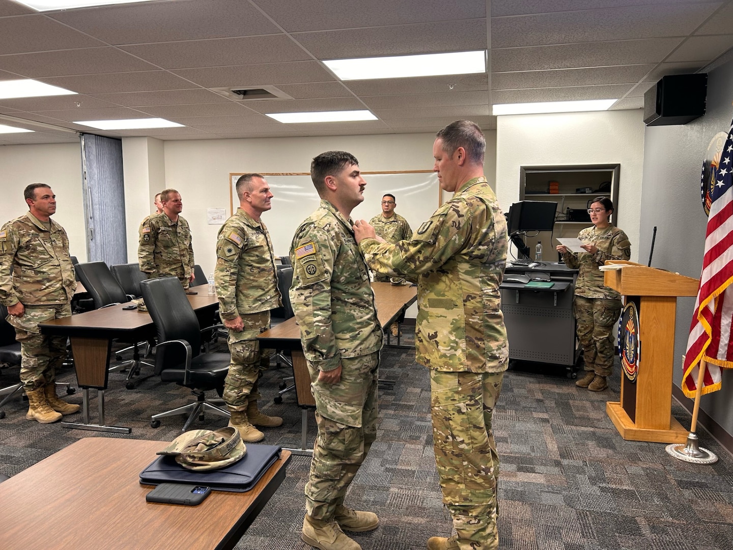 Maryland National Guard Staff Sgt. Charles Brauning, assigned to A Company, 1st Battalion, 224th Aviation Regiment of the 29th Expeditionary Combat Aviation Brigade, is awarded an Army Achievement Medal in Phoenix, Arizona., July 30, 2023, for rescuing a 10-year-old boy at risk of drowning. Brauning was attending training at the Western Army Aviation Training Site in Red Rock, Arizona, and on an off-duty river tubing trip when he saw the boy fall into the river July 17.