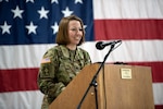 U.S. Army Col. Tracey Poirier, commander, 124th Regiment (Regional Training Institute), Vermont National Guard, speaks during a change of command ceremony at Camp Johnson, Colchester, Vt., April 7, 2019. Poirier recently returned from a deployment to Iraq, where she served as the chief of staff for Joint Special Operations Command. (U.S. Air National Guard photo by Master Sgt. Sarah Mattison)