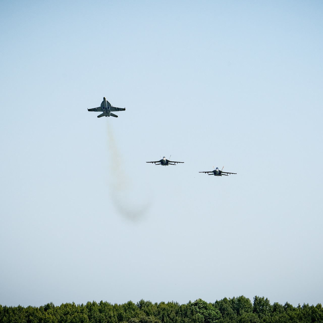 Three jets fly during an Airborne Change of Command