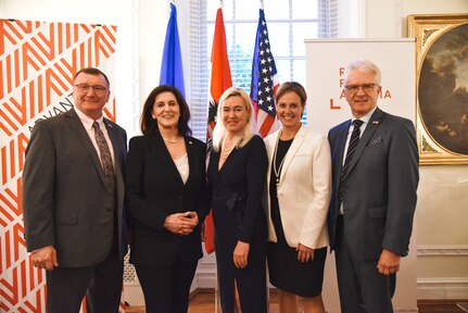 Austrian Ambassador to the U.S. Petra Schneebauer (center) hosted (from left) Maj. Gen. Gregory Knight, U.S. Ambassador to Austria Victoria Kennedy, Vermont Secretary of Commerce Lindsay Kurrle and Austrian Defense Attache Maj. Gen. Norbert Huber during the SelectUSA Investment Summit. (Photo by Lina Linortner)
