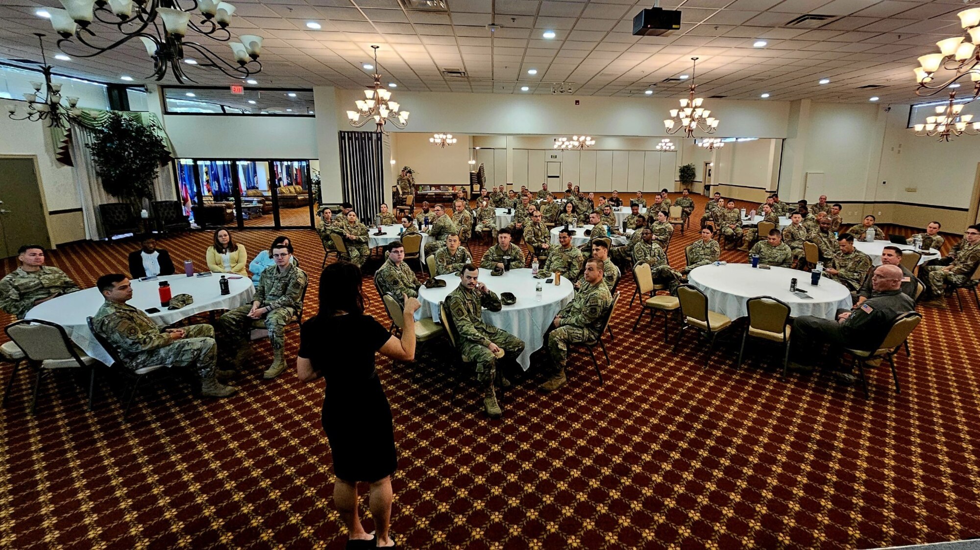 Dr. Jannell MacAulay, leadership and performance consultant, presents the importance of mental fortitude during a Warrior Heart presentation at Joint Base McGuire-Dix-Lakehurst, N.J., Aug. 22, 2023. The two-day event promoted the AMC-wide effort and introduced the concept of mindfulness to Airmen, spouses, and civilians. (U.S. Air Force photo by Staff Sgt. Austin Knox)