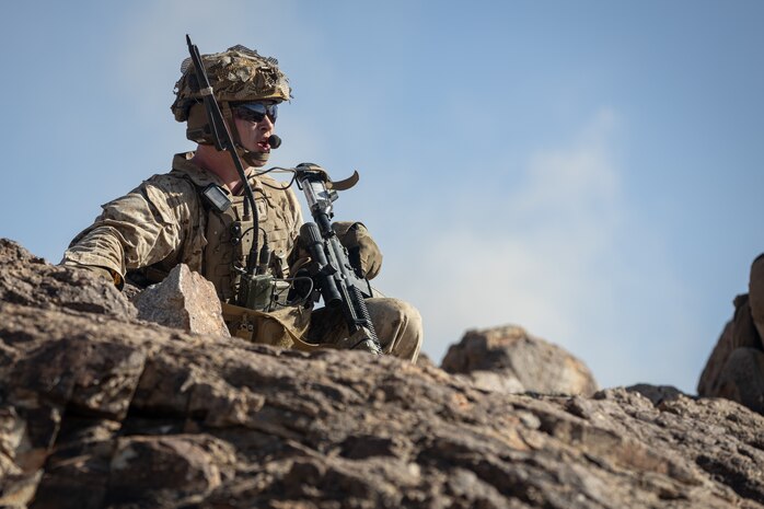U.S. Marine Corps 2nd Lt. Tanner Skidgel, 2nd Marine Regiment, 2nd Marine Division, directs Marines to advance forward during Integrated Training Exercise (ITX) 3-23 at Marine Corps Air Ground Combat Center, Twentynine Palms, California, April 15, 2023. The purpose of ITX is to create a challenging, realistic, training environment that produces combat-ready forces capable of operating as an integrated Marine Air-Ground Task Force (MAGTF) and to prepare units for their role in the MAGTF Warfighting Exercise.