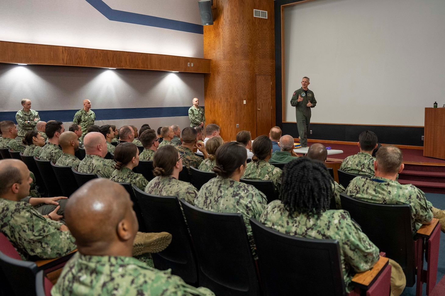 NORFOLK, Va. - Vice Adm. Daniel Dwyer, commander, U.S. 2nd Fleet, speaks to U.S. 2nd Fleet staff members during a five-year anniversary celebration for U.S. 2nd Fleet, Aug. 17, 2023. U.S. 2nd Fleet employs maritime forces ready to fight across multiple domains in the Atlantic and Arctic in order to ensure access, deter aggression and defend U.S., allied, and partner interests. (U.S. Navy photo by Mass Communication Specialist 2nd Class Anderson W. Branch)