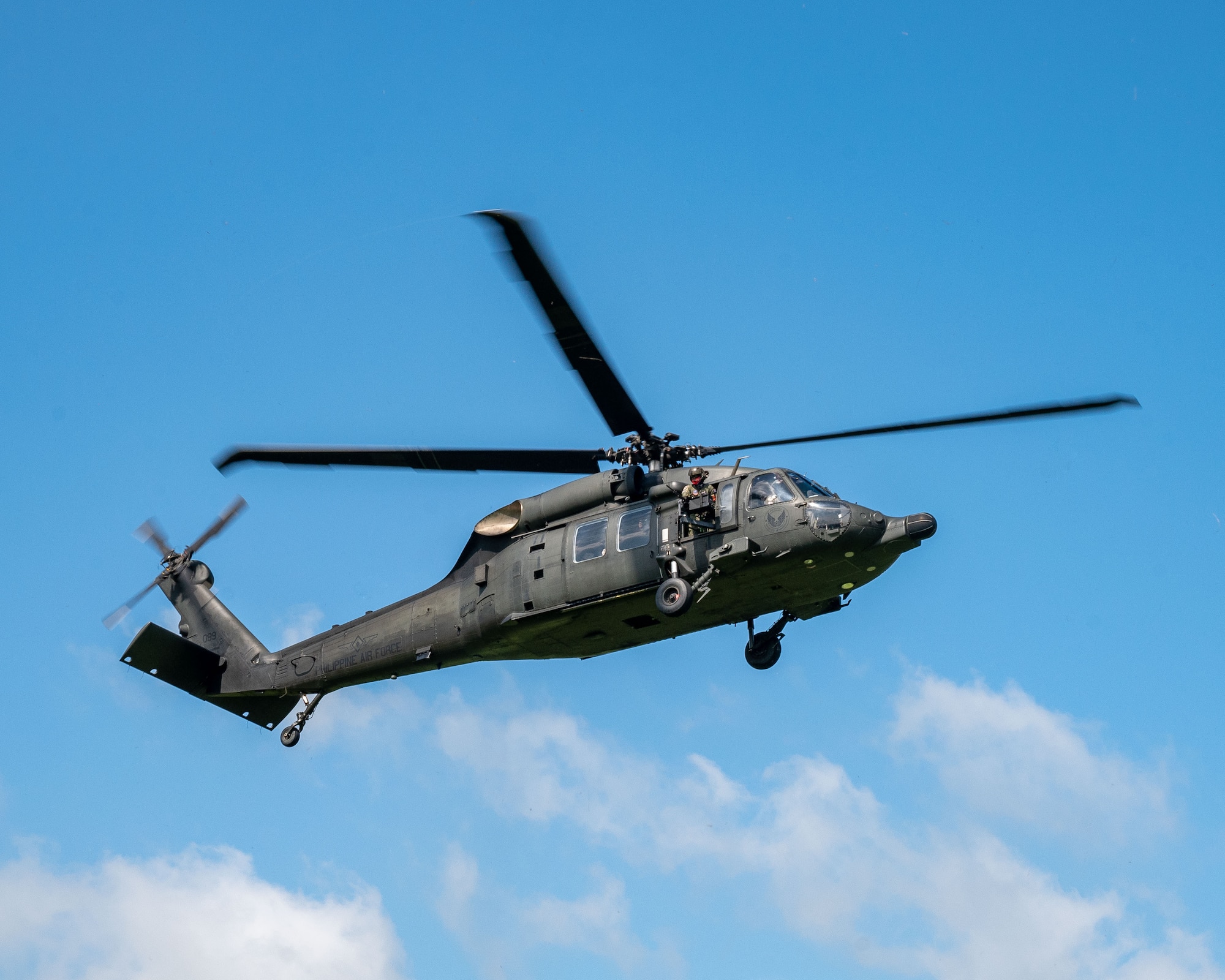 A Philippine Air Force S-70i Black Hawk prepares to land in a simulated disaster site during the mass assurance exercise for U.S. Air Force and Philippine Air Force medical personnel as part of Pacific Airlift Rally 2023 at Clark Air Base, Philippines, Aug. 16, 2023. The U.S. and Philippines’ combined readiness and interoperability, especially in the area of HA/DR, ensures we are ready to respond to a wide range of challenges, disasters, and threats. (U.S. Air Force photo by Senior Airman Jordan Smith)