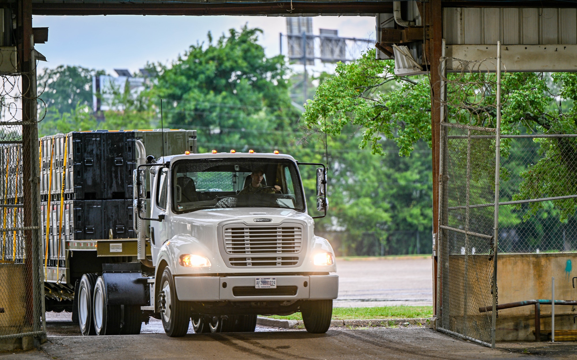 U.S. Air Force Senior Airman Aaron Razayeski, a Consolidated Asset Management Site ground transport specialist for the Innovative Readiness Training program, pulls into the Monroe Civic Center, July 31, 2023, Monroe, Louisiana.