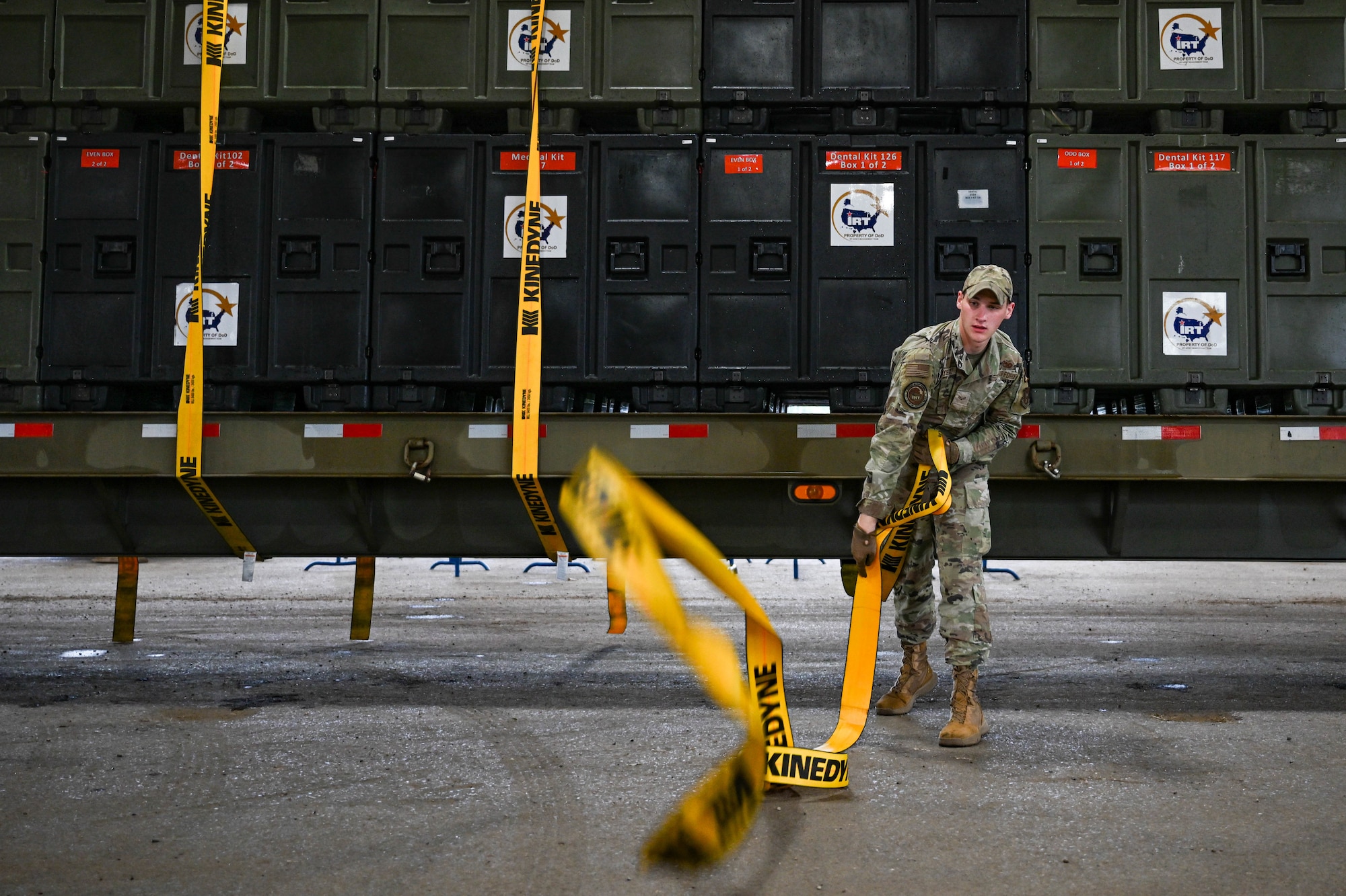 U.S. Air Force Senior Airman Aaron Razayeski, a Consolidated Asset Management Site ground transport specialist for the Innovative Readiness Training program, unloads medical equipment containers at the Monroe Civic Center, July 31, 2023, Monroe, Louisiana.