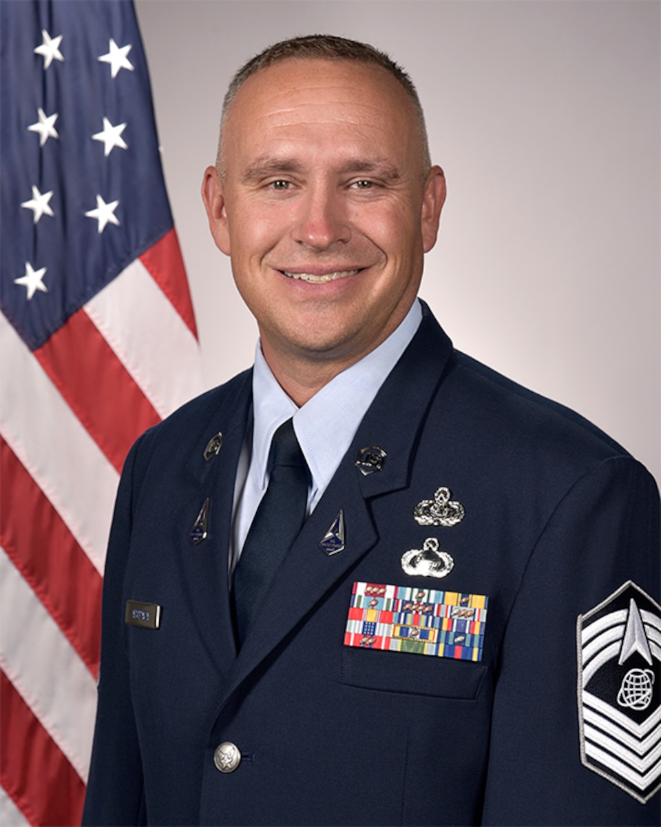 U.S. Space Force Chief Master Sgt. Charles Apodaca poses for an official photo. Apodaca serves as one of two Senior Enlisted Leaders for Space Base Delta 1.