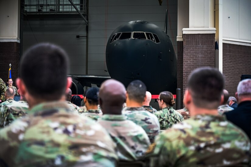 Joint Base Leadership and personnel attend a ribbon cutting ceremony for the opening of the 305th Air Mobility Wing’s Dock 46 Two-Bay Hangar at Joint Base McGuire-Dix-Lakehurst, N.J. on 24 Aug. 2023. New Jersey 4th District Congressman Chris Smith addressed the audience on the strategic value the facility brings to the KC-46A Pegasus refueling mission. The event concludes four and a half years of planning and 240,650 accident-free man-hours after its initial groundbreaking on December 3, 2018. A military construction project valued at nearly $54 million, the hangar will serve as a mission-critical asset in the KC-46A Pegasus' ability to provide Rapid Global Mobility for the Joint Force.