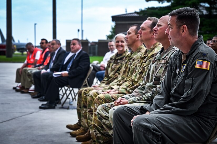 Joint Base Leadership and personnel attend a ribbon cutting ceremony for the opening of the 305th Air Mobility Wing’s Dock 46 Two-Bay Hangar at Joint Base McGuire-Dix-Lakehurst, N.J. on 24 Aug. 2023. New Jersey 4th District Congressman Chris Smith addressed the audience on the strategic value the facility brings to the KC-46A Pegasus refueling mission. The event concludes four and a half years of planning and 240,650 accident-free man-hours after its initial groundbreaking on December 3, 2018. A military construction project valued at nearly $54 million, the hangar will serve as a mission-critical asset in the KC-46A Pegasus' ability to provide Rapid Global Mobility for the Joint Force.