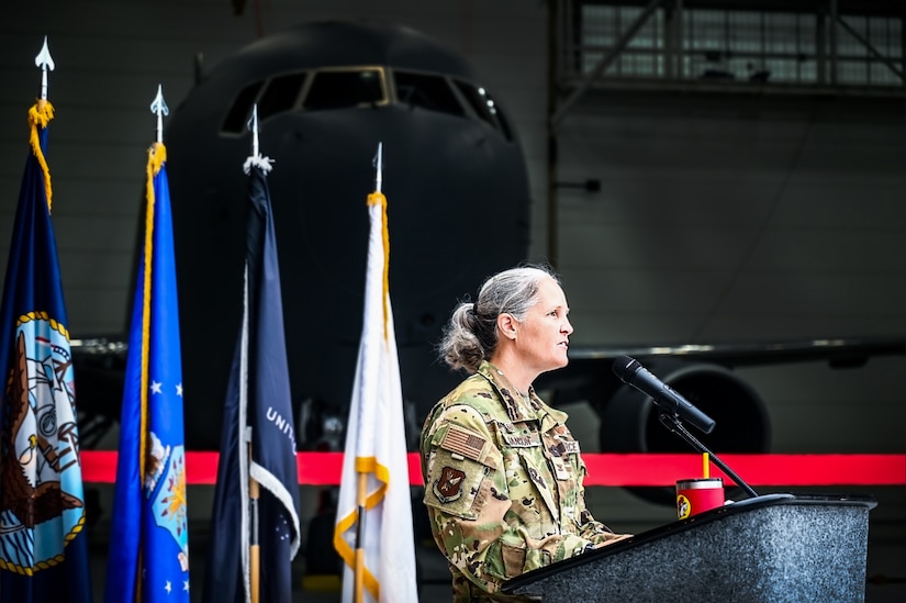 Joint Base Leadership and personnel attend a ribbon cutting ceremony for the opening of the 305th Air Mobility Wing’s Dock 46 Two-Bay Hangar at Joint Base McGuire-Dix-Lakehurst, N.J. on 24 Aug. 2023. New Jersey 4th District Congressman Chris Smith addressed the audience on the strategic value the facility brings to the KC-46A Pegasus refueling mission. The event concludes four and a half years of planning and 240,650 accident-free man-hours after its initial groundbreaking on December 3, 2018. A military construction project valued at nearly $54 million, the hangar will serve as a mission-critical asset in the KC-46A Pegasus' ability to provide Rapid Global Mobility for the Joint Force.