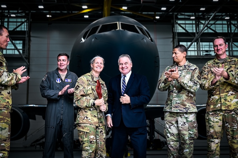 Joint Base Leadership and personnel attend a ribbon cutting ceremony for the opening of the 305th Air Mobility Wing’s Dock 46 Two-Bay Hangar at Joint Base McGuire-Dix-Lakehurst, N.J. on 24 Aug. 2023. New Jersey 4th District Congressman Chris Smith addressed the audience on the strategic value the facility brings to the KC-46A Pegasus refueling mission. The event concludes four and a half years of planning and 240,650 accident-free man-hours after its initial groundbreaking on December 3, 2018. A military construction project valued at nearly $54 million, the hangar will serve as a mission-critical asset in the KC-46A Pegasus' ability to provide Rapid Global Mobility for the Joint Force.